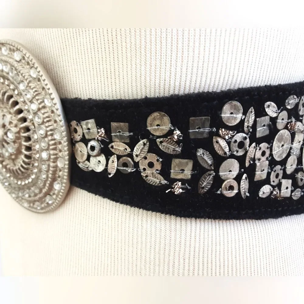 CHICO'S Metal Embellished Black Suede Waist Cincher Belt Sz Large